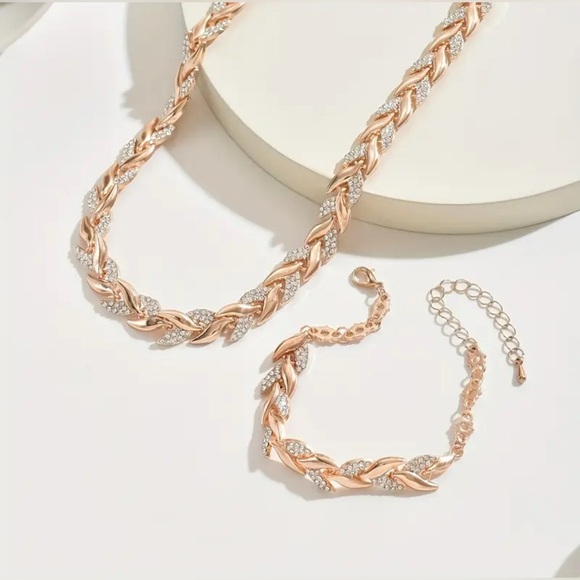 Rose Gold & Silver Inlaid CZ Diamond Fish Tail Necklace & Bracelet Set - 2 pcs - Picture 2 of 3